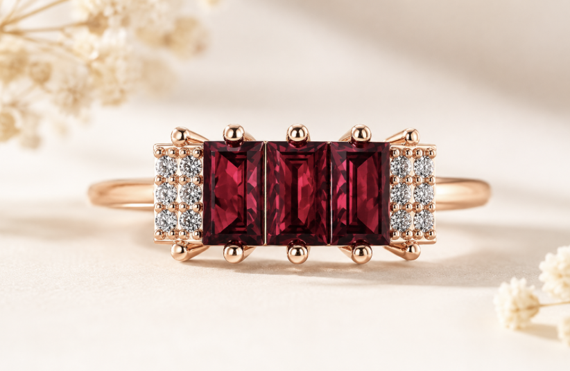 Three-Stone Rhodalite Garnet & Diamond Ring - 1